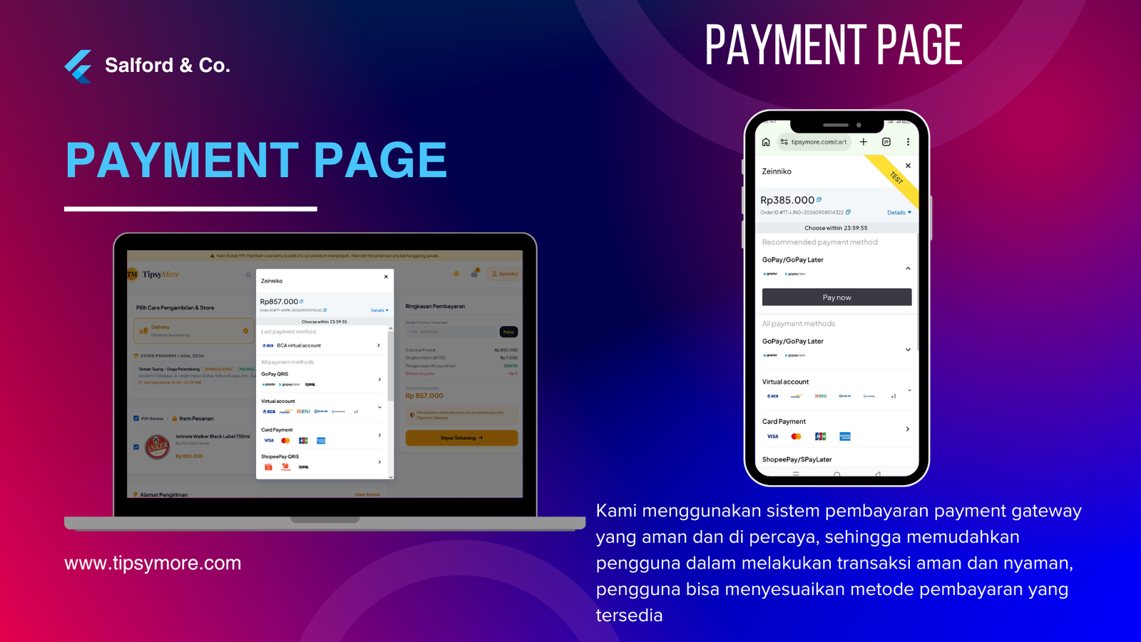 [GAMBAR 5]: Screenshot Pilihan Metode Pembayaran Payment Gateway (QRIS, VA, E-Wallet) dan Timer Kadaluarsa